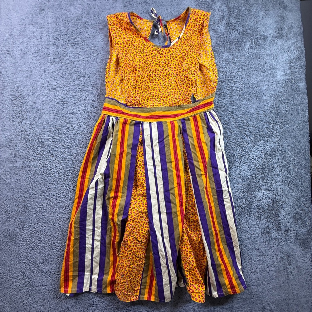 Handmade Striped Dress Womens M/L Yellow Purple Excellent Vintage Cottagecore
